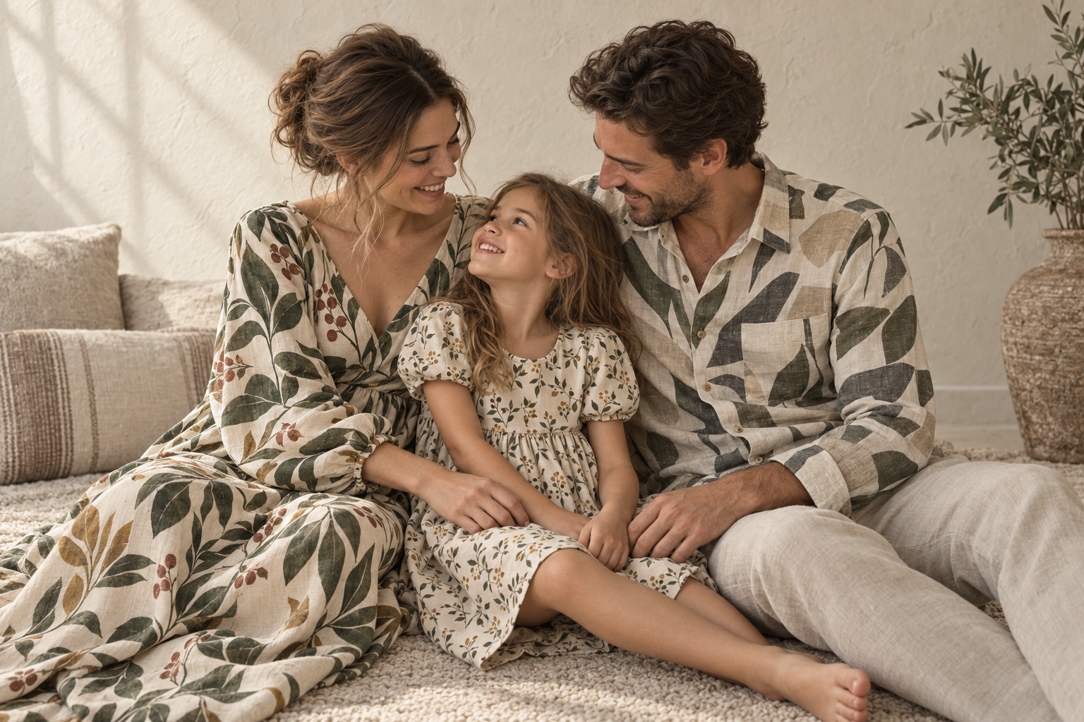 Family wearing coordinated digitally printed garments in cotton and viscose linen